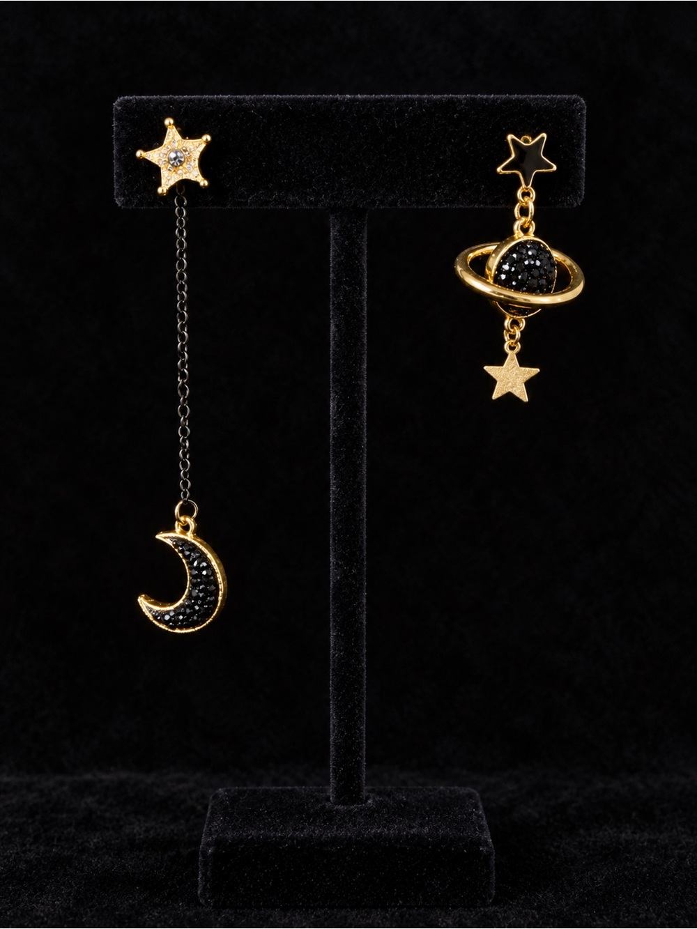 Moon Stars and Planet Asymmetrical Drop Earrings Gold with Black Crystal Accents
